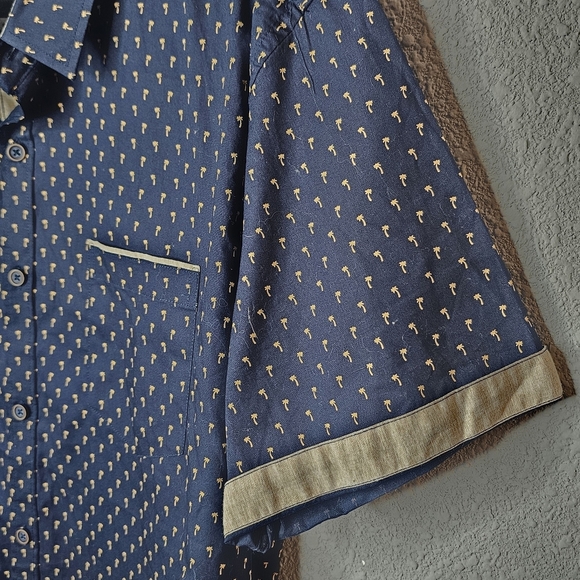 Craft Flow Mens XL Short Sleeve Button Shirt Navy Beige Palm Tree Resort Wear - Picture 5 of 15